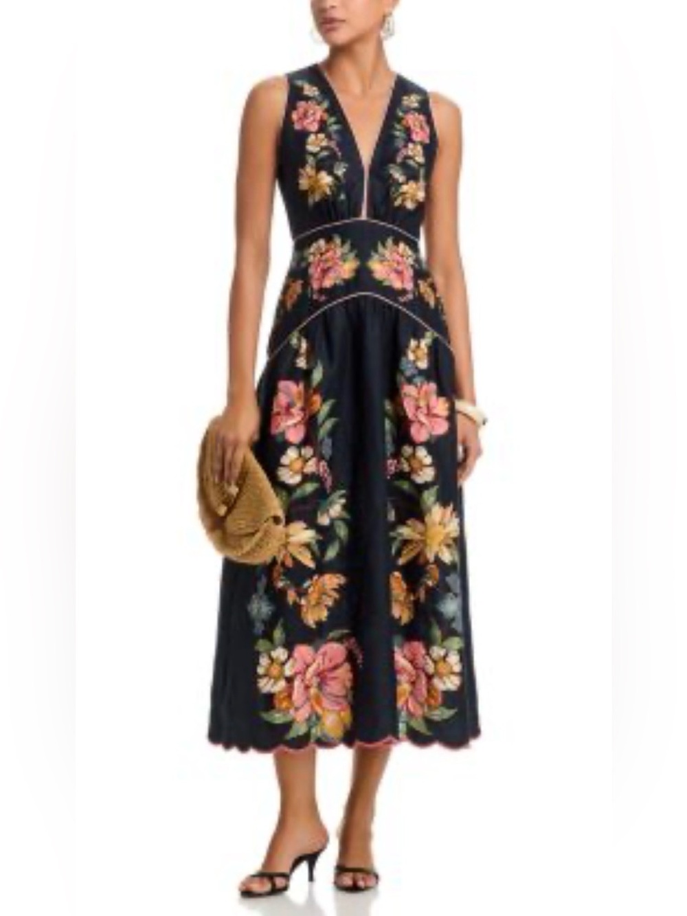 FARM RIO Maira Floral Linen Plunge Maxi Dress Women's Size M Navy Blue - Picture 13 of 16